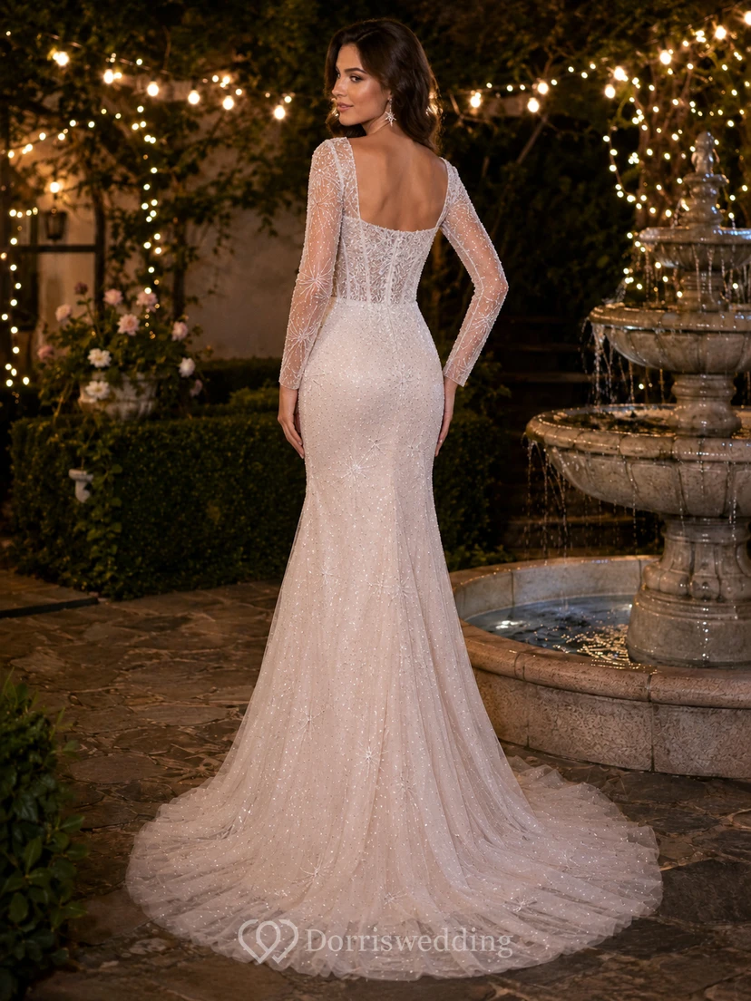 Long Sleeve Celestial Lace Mermaid Garden Bridal Gown view 2