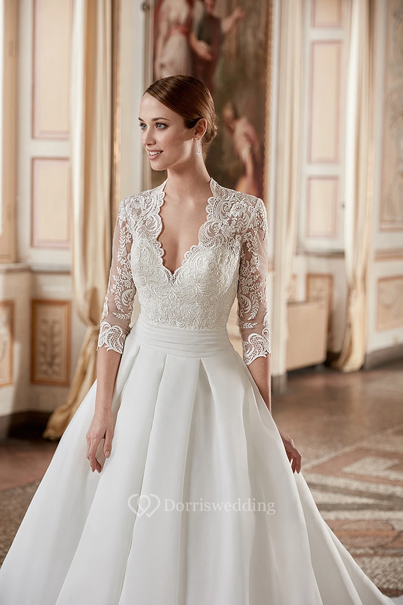 Ball Gown V-Neck 3-4-Sleeve Organza Wedding Dress With Illusion view 4