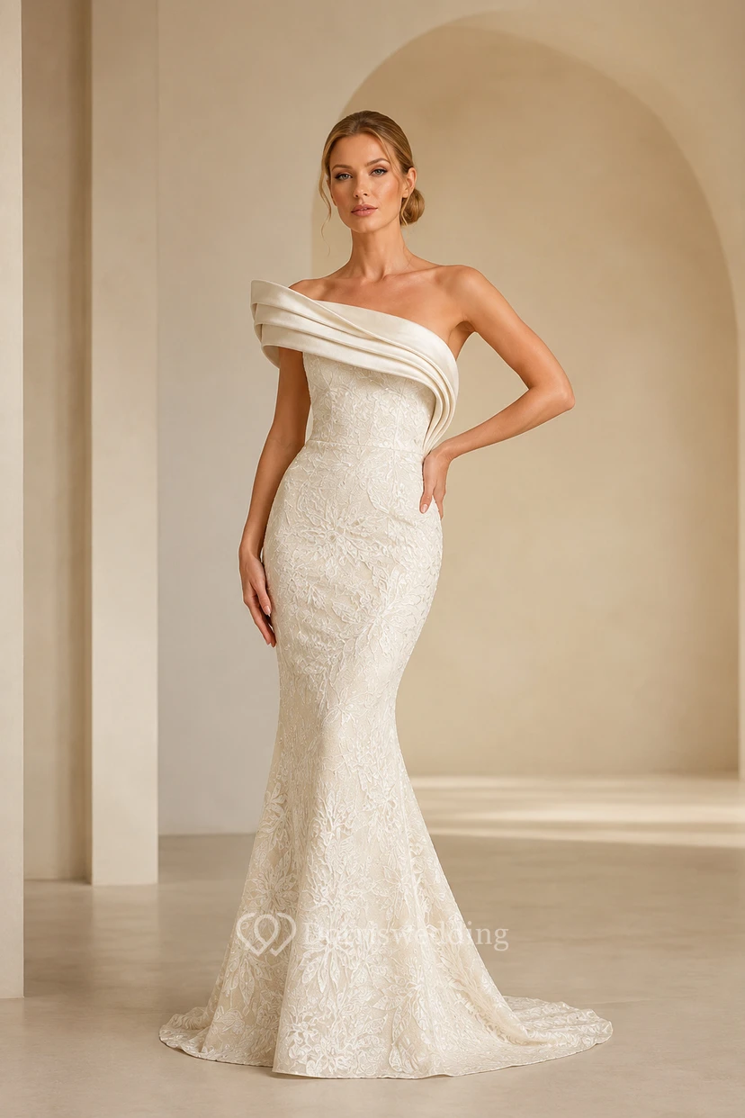 Robe de mariée sirène en dentelle à épaules dénudées et traîne balayée