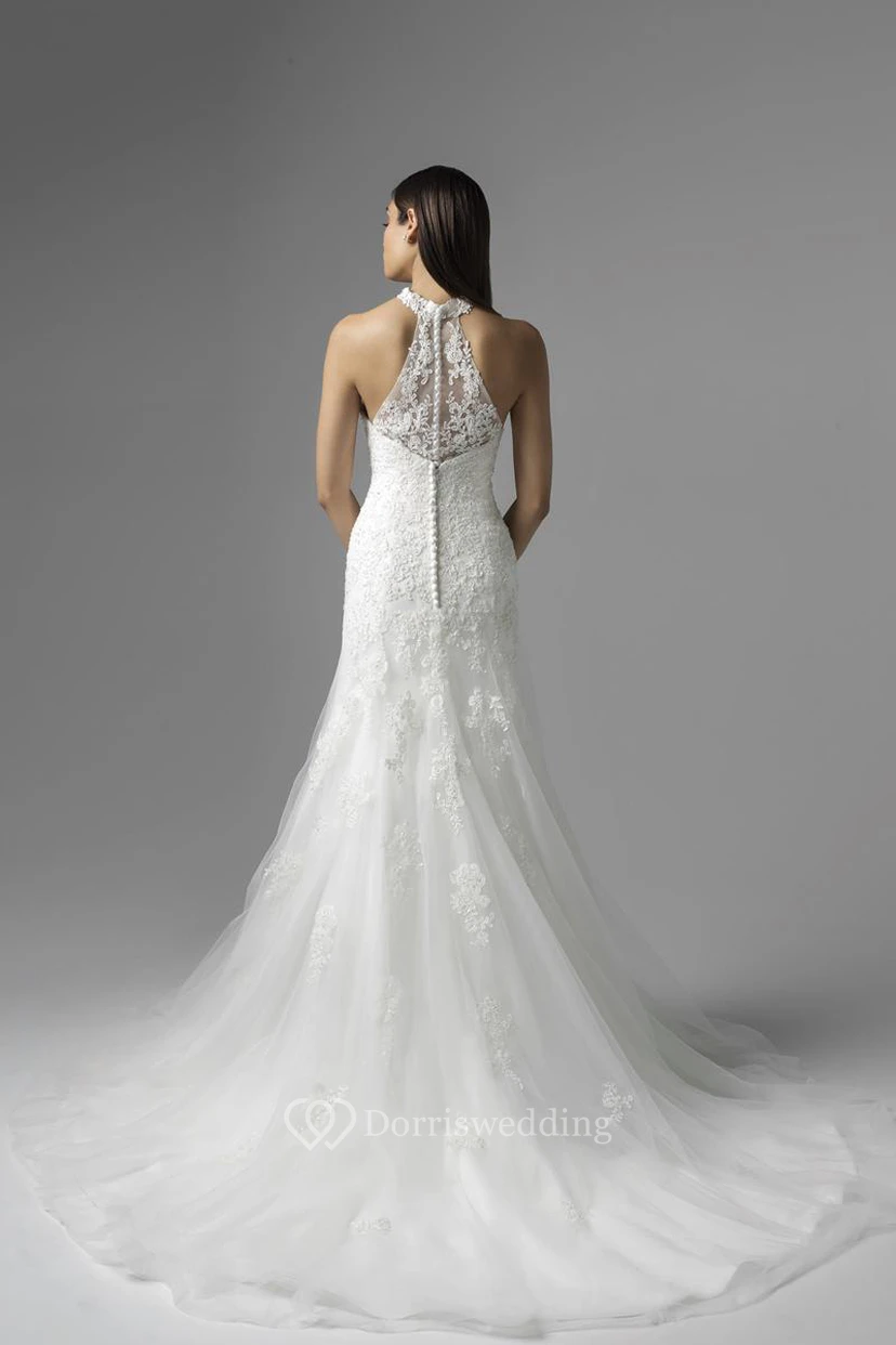 A-Line High Neck Floor-Length Sleeveless Appliqued Lace Wedding Dress Styles With Court Train And Illusion Back view 2