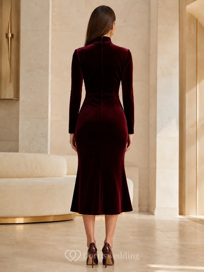 Burgundy Velvet High-Neck Long-Sleeve Refined Sheath Tea-Length Dress view 2