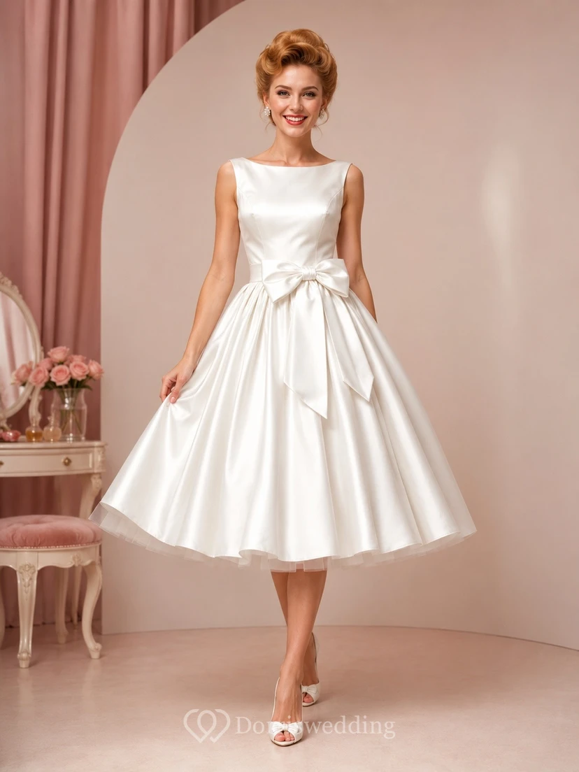 White Satin Square Neck Bow Tea Dress Classic