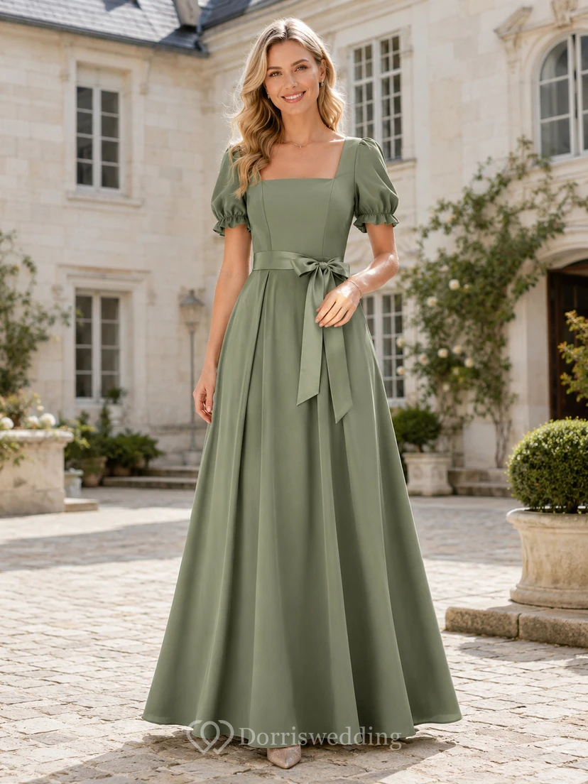 Elegant Sage Satin Formal A Line Floor Length Square Neck Puff Sleeve Gown