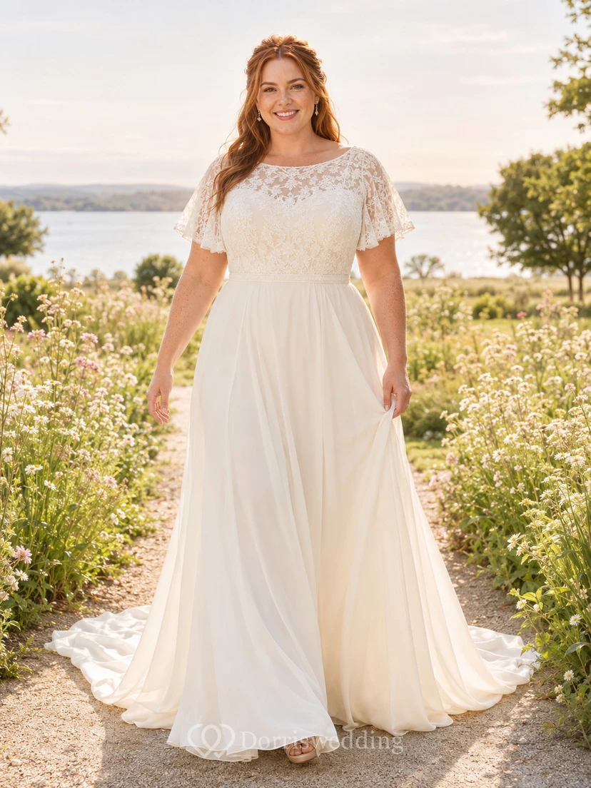 Chiffon Wedding Dress A-Line Jewel Neck Cap Sleeve Sweep Train Bridal Gown