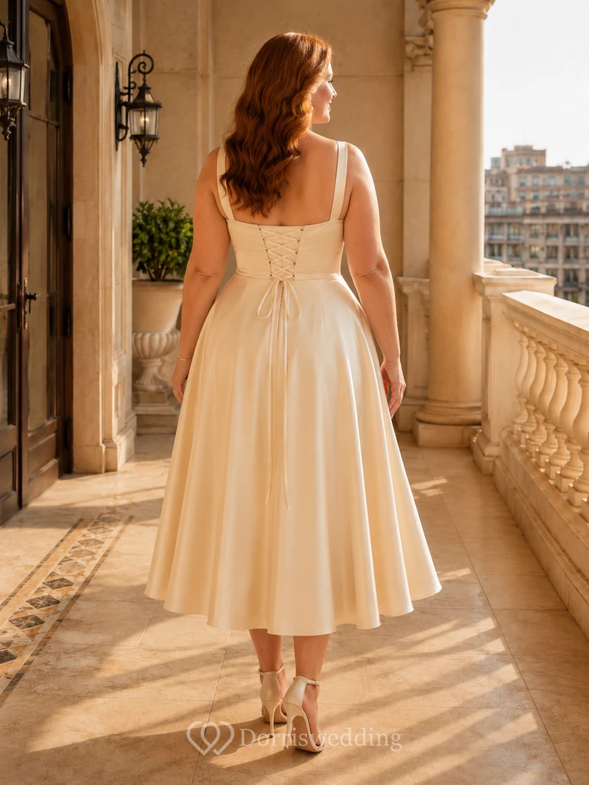 Satin-Hochzeitskleid mit eckigem Ausschnitt und Teelänge view 2