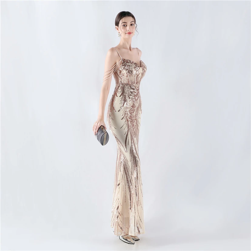 Waist-Reduced Fishbone Shaping Positioning Flower Sequined Anchor Sexy Beaded Suspender Evening Dress view 14
