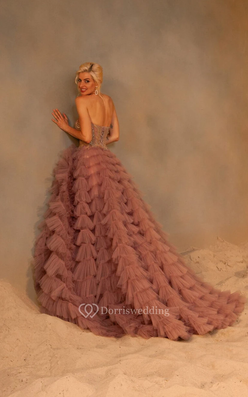 Sweetheart Watermelon A-line Ball Gown Empire Tiered Ruffled Prom Dress view 2
