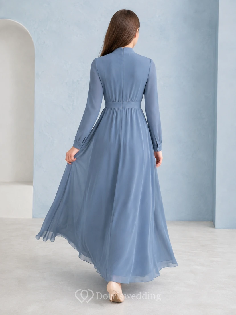 Himmelblaues Brautjungfernkleid für junge Damen, A-Linie, hoher Kragen, lange Ärmel, Chiffon, schlicht view 2