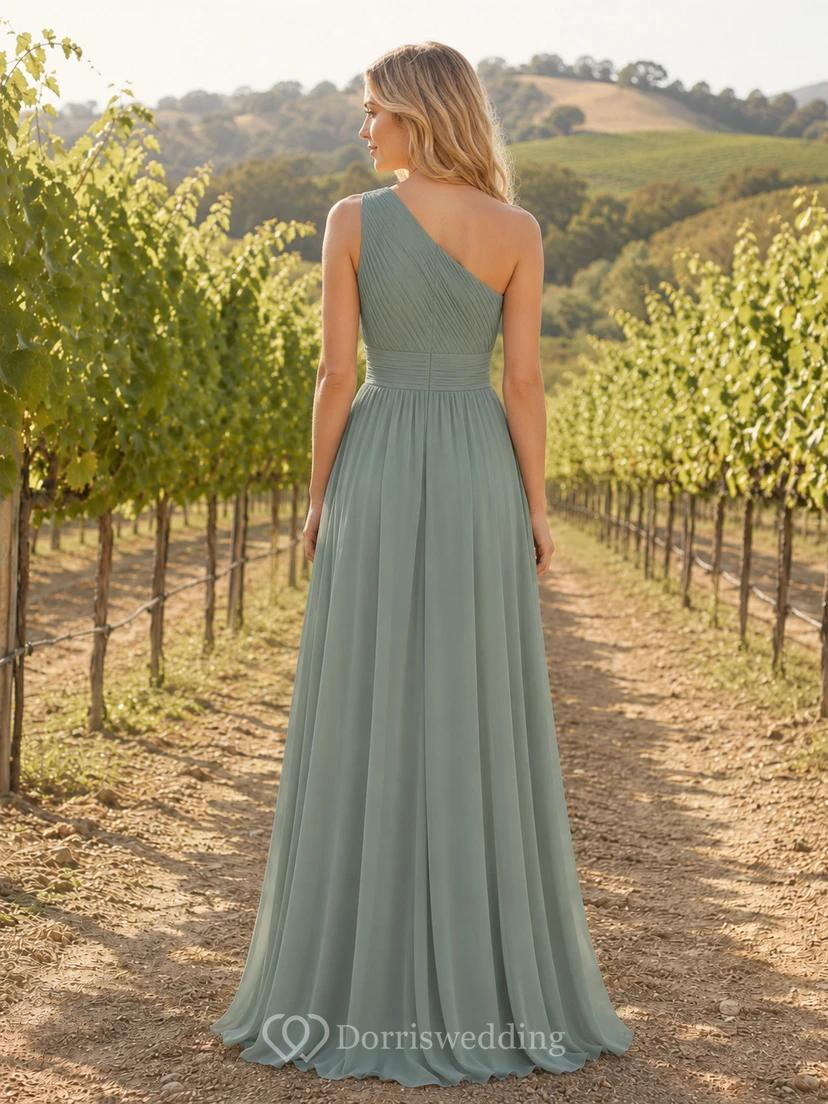 Sage Chiffon A-Line One-Shoulder Sleeveless Pleated Open Back Floor-Length Bridesmaid Dress view 2