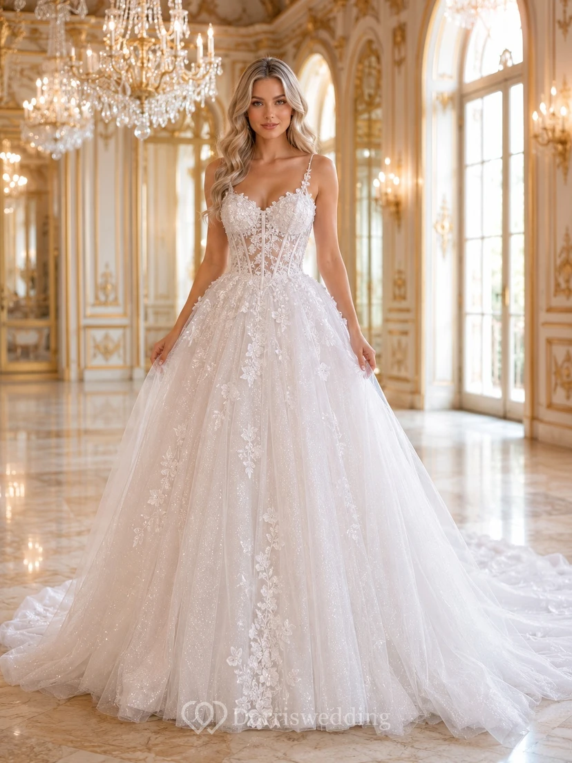 Suknia Slubna Spaghetti Strap Sweetheart Tulle Ball Gown Chapel Train Luxury Wedding Dress