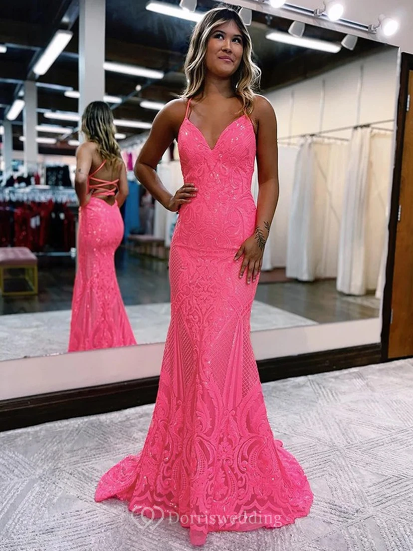 Spaghetti Mermaid Lace Sequin Sexy Exquisite Prom Dress view 4