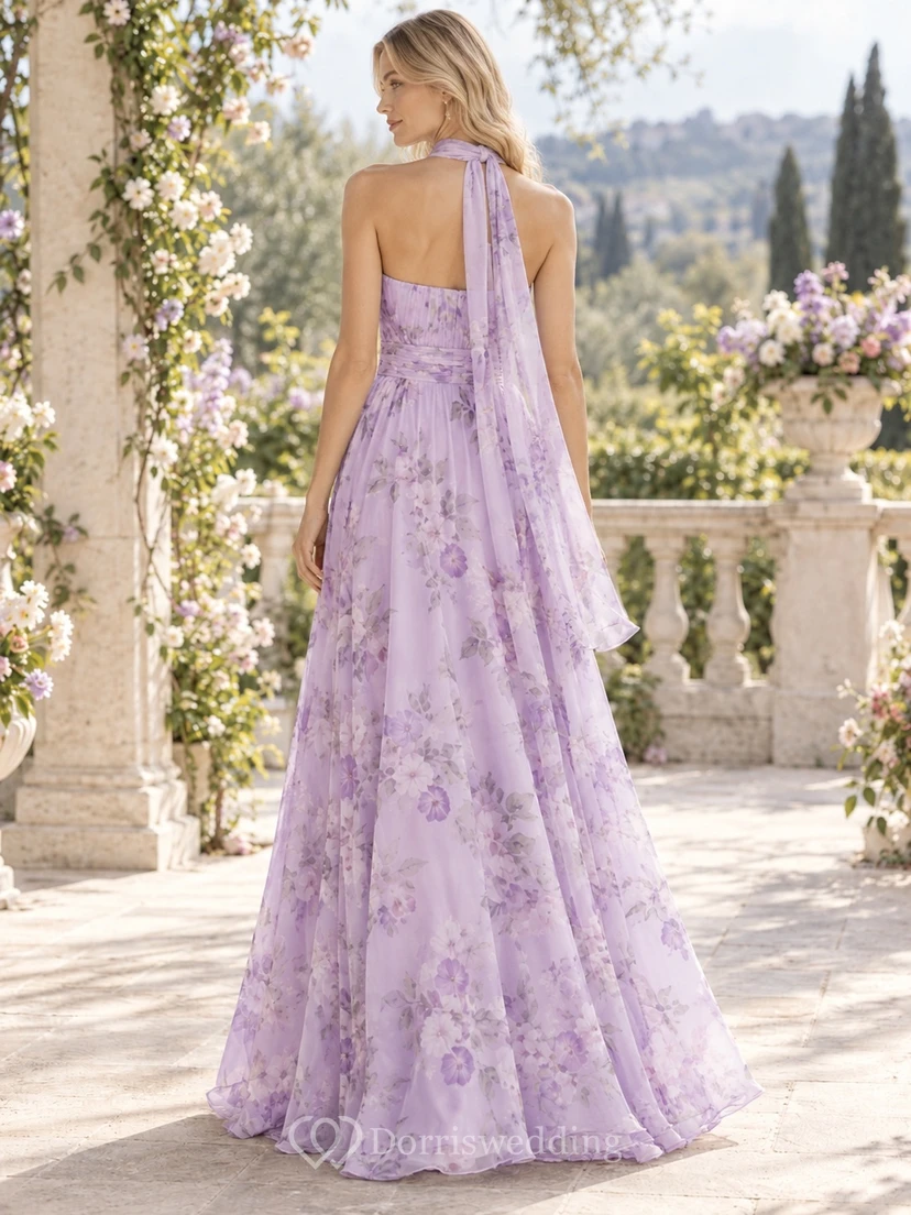 Lilac Floral Print Halter Scarf-Neck Pleated Floor-Length Chiffon Bridesmaid Dress view 2