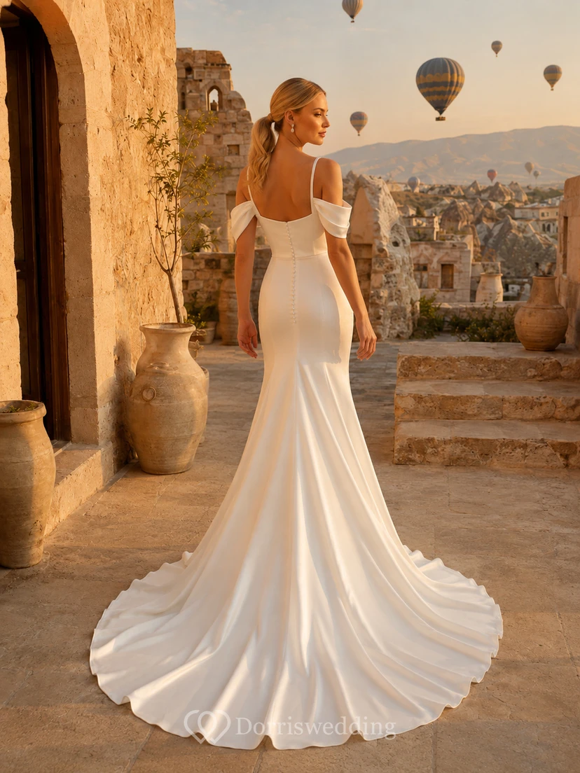 Robe de mariée sirène moderne en satin à encolure carrée et épaules dénudées, idéale pour une destination touristique view 2