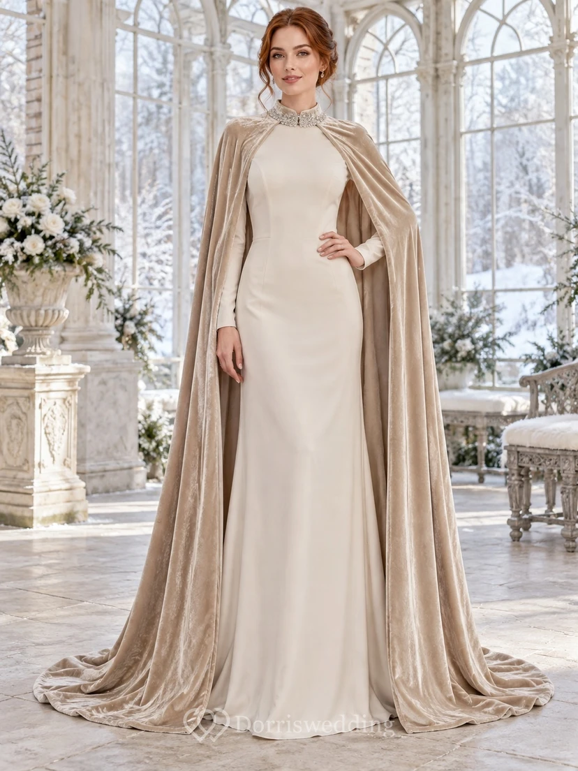 Vestido de terciopelo tipo capa de manga larga estilo barco para bodas de invierno