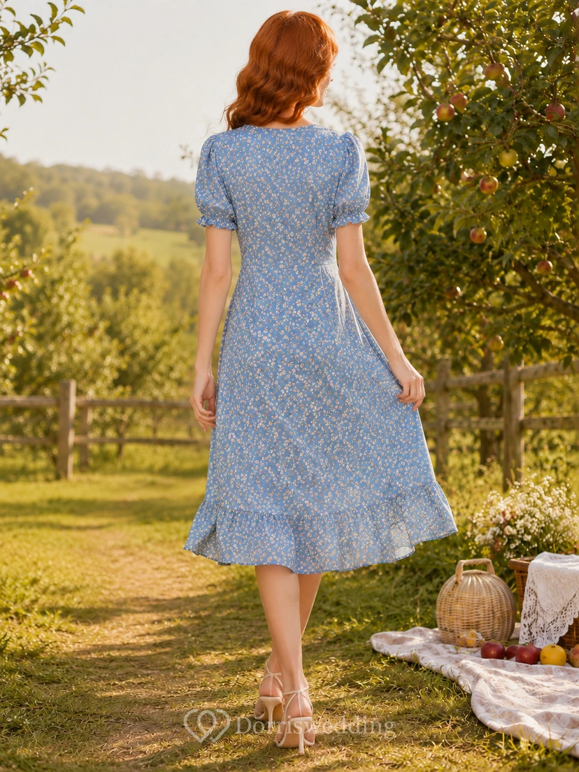 Vestido midi de verano azul con escote en V y estampado floral discreto. view 2