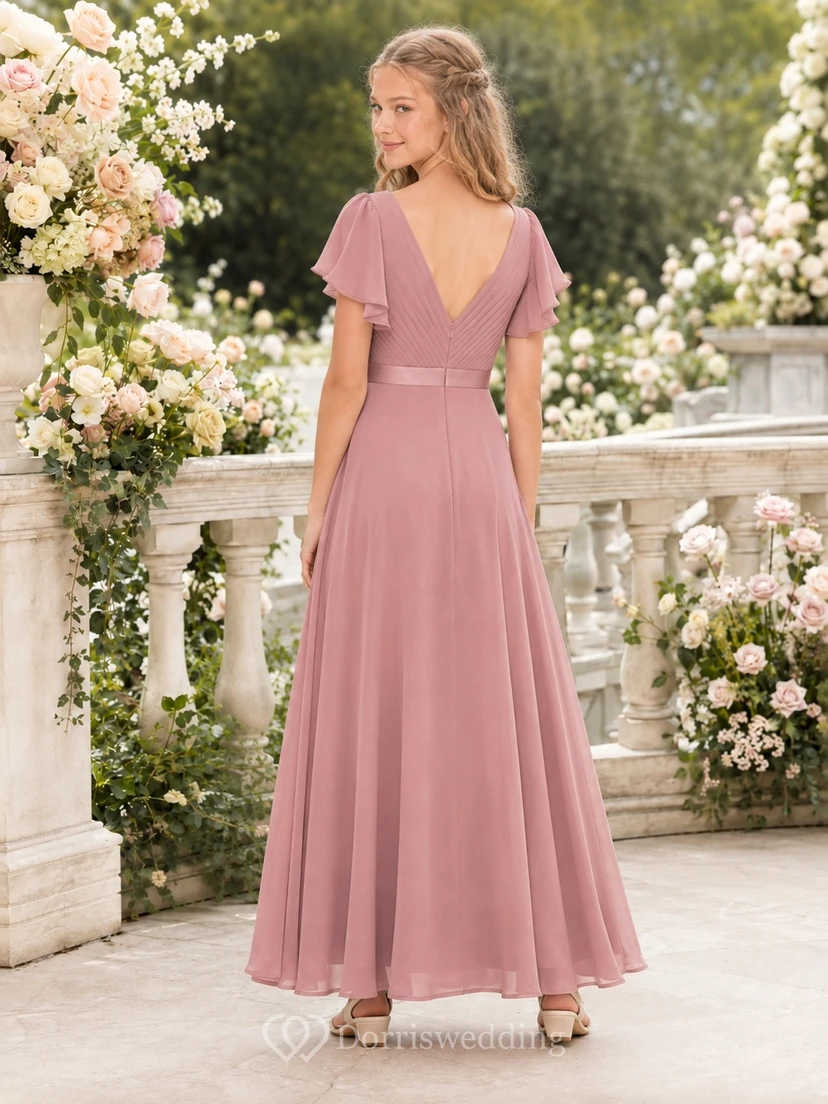 Elegantes Brautjungfernkleid in Altrosa, A-Linie, V-Ausschnitt, kurze Ärmel view 2