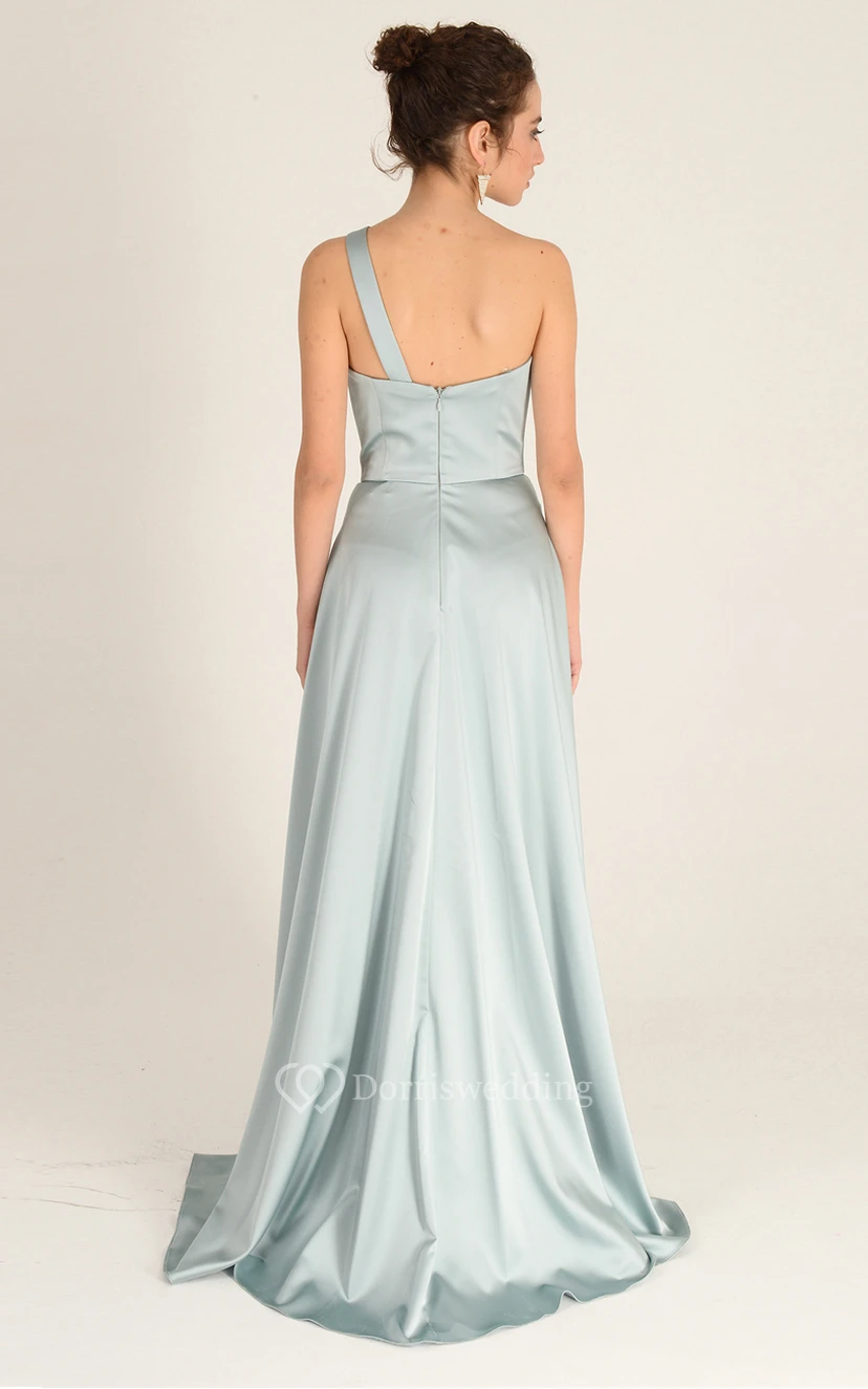 Elegantes, bodenlanges, ärmelloses A-Linien-Abendkleid aus Satin mit Reißverschluss und Schlitz vorne view 2