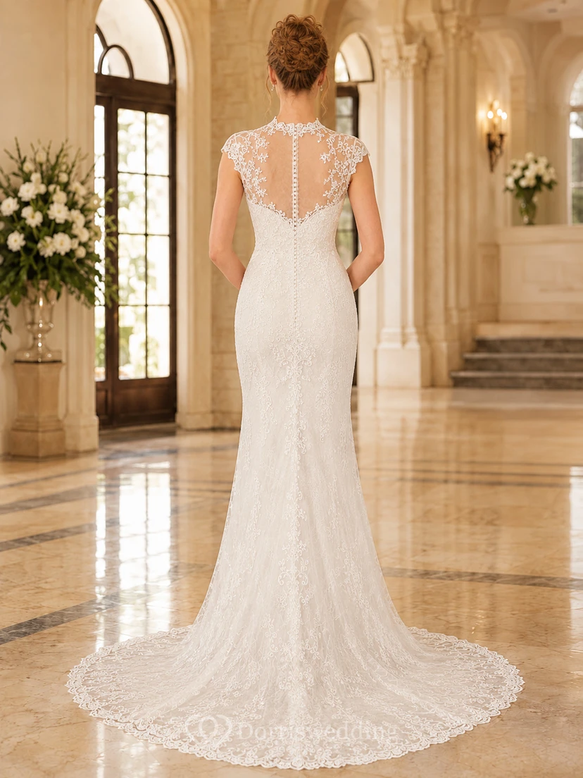Lace Wedding Dress Mermaid V-Neck Long Sleeve Chapel Train Bridal Gown view 2
