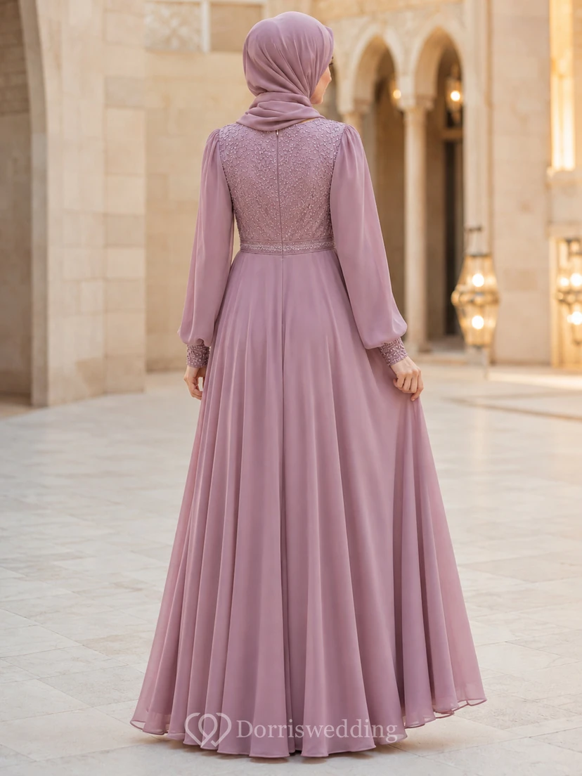 Schlichtes Vintage-Abendkleid aus mauvefarbenem Chiffon mit hohem Kragen, langen Puffärmeln, Perlenbesatz und A-Linien-Schnitt, bodenlang, mit Hijab-Abendkleid view 2