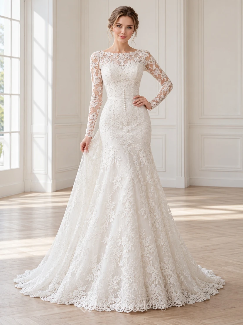 Long Sleeve Bateau Fitted Waist Lace Sheath Bridal Wedding Dress
