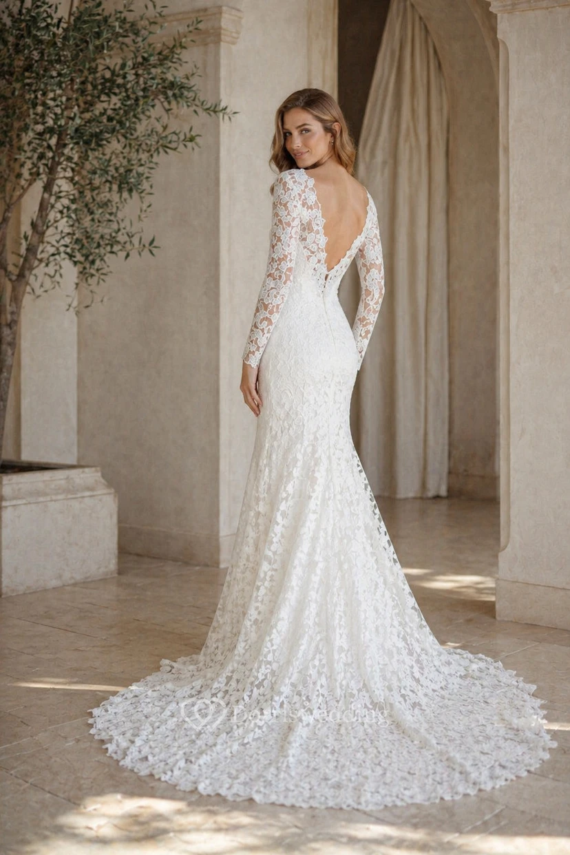 Elegantes, langärmeliges Brautkleid aus Spitze mit U-Boot-Ausschnitt und Meerjungfrauen-Finish sowie V-Ausschnitt am Rücken view 2