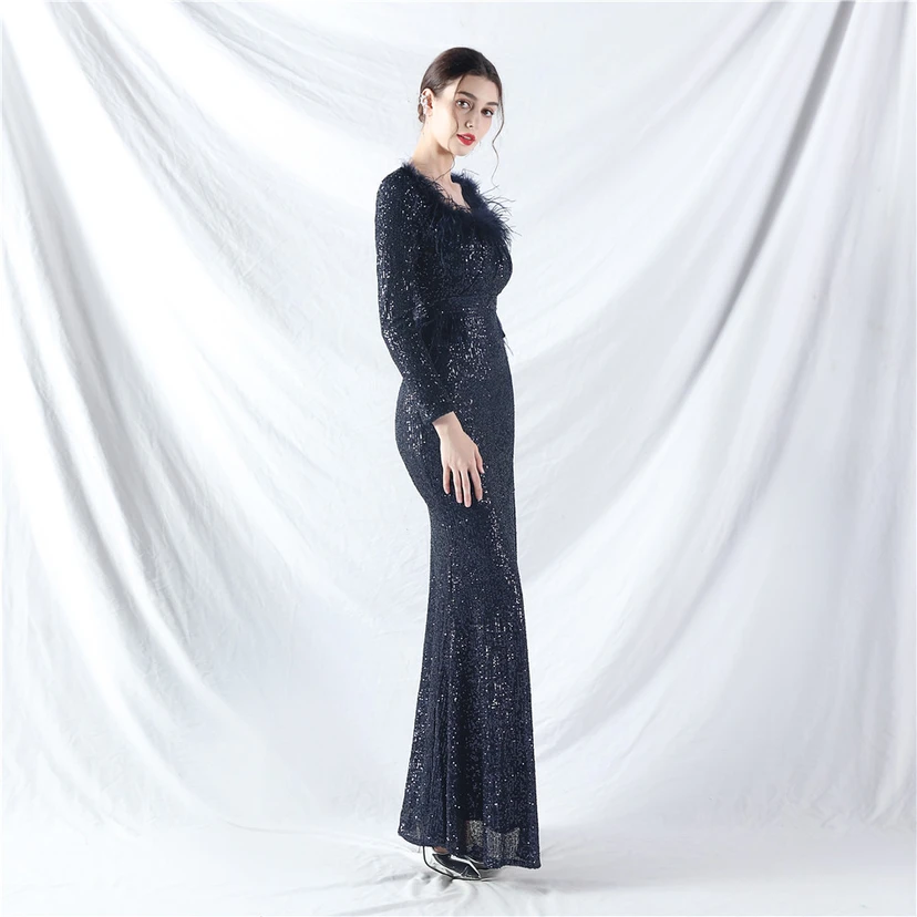 Craft-Made Ostrich Feather Long-Sleeved Beads Evening Dress view 70