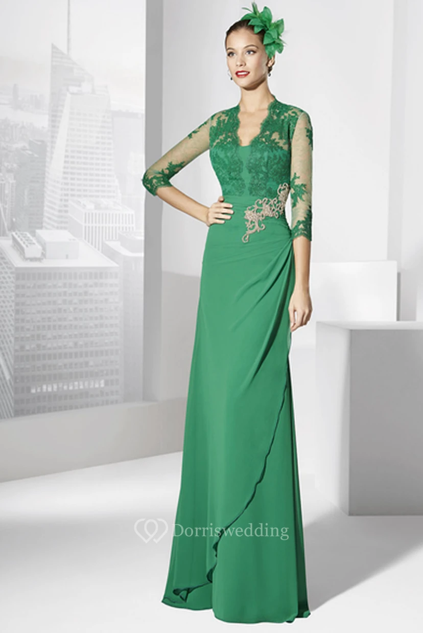 Sheath V-Neck Floor-Length Appliqued Half-Sleeve Jersey Prom Dress