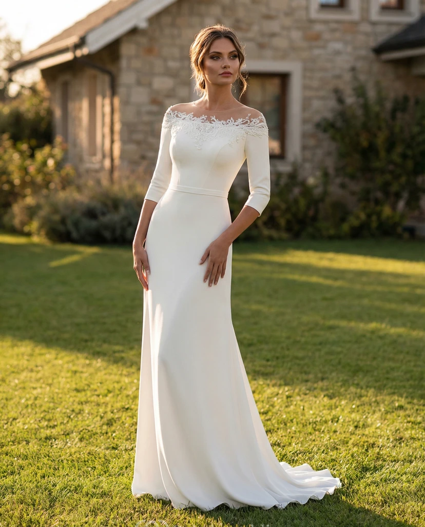 3/4-Ärmel-Etui-Brautkleid mit Applikationen