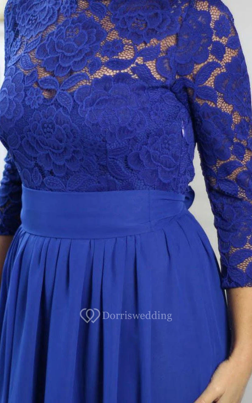 Bateau Lace 3-4 Sleeve A-line Pleated Chiffon Long Dress view 2