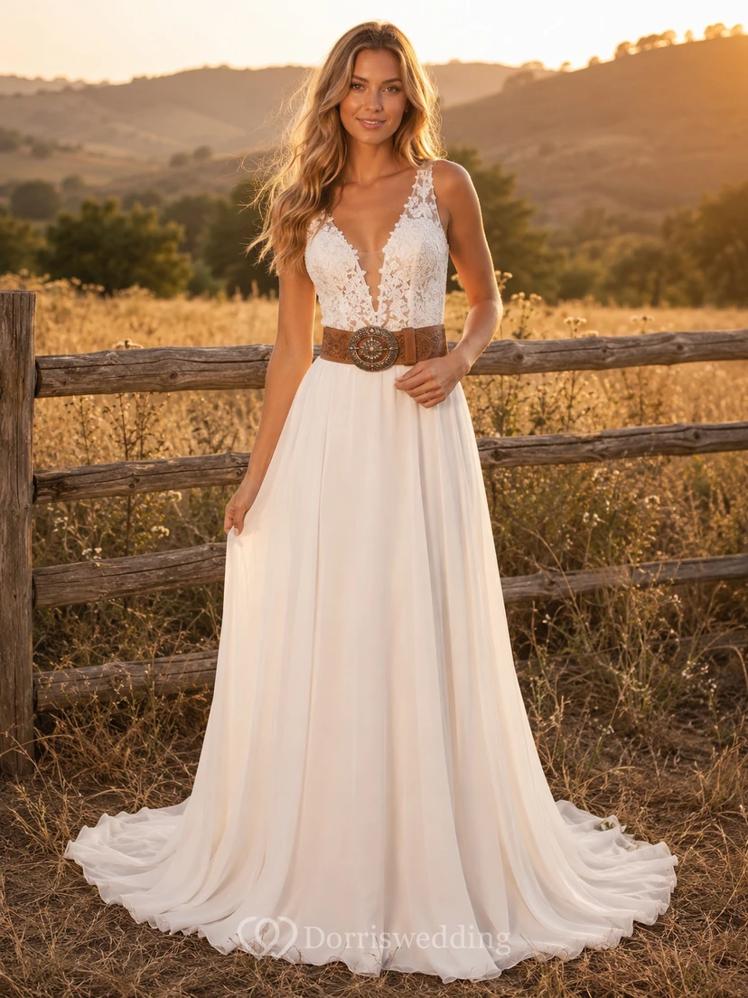 Robe de mariée champêtre en mousseline et dentelle, coupe trapèze, col en V, sans manches, traîne, dos nu plongeant.
