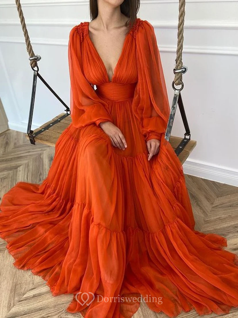 Sexy V-neck Puff Long Sleeve Chiffon Layered Empire Dress