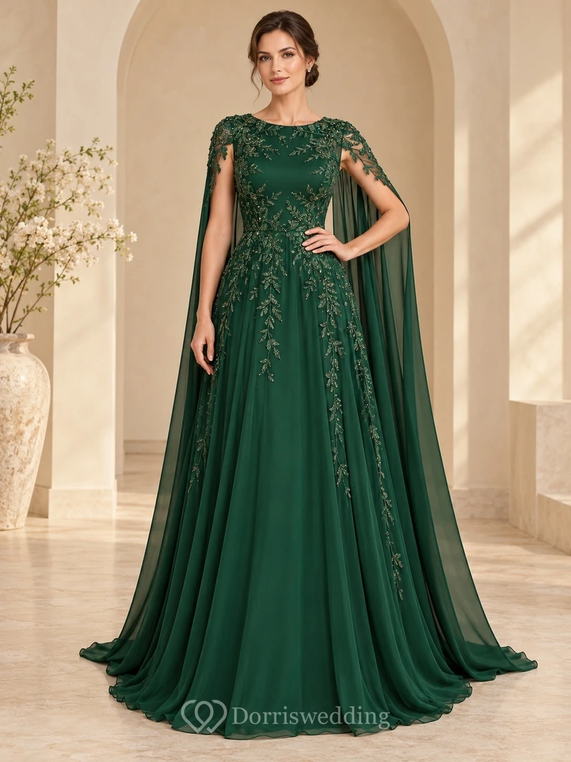 Dark Green Jewel Neck Embroidered Cape Back A Line Evening Dress