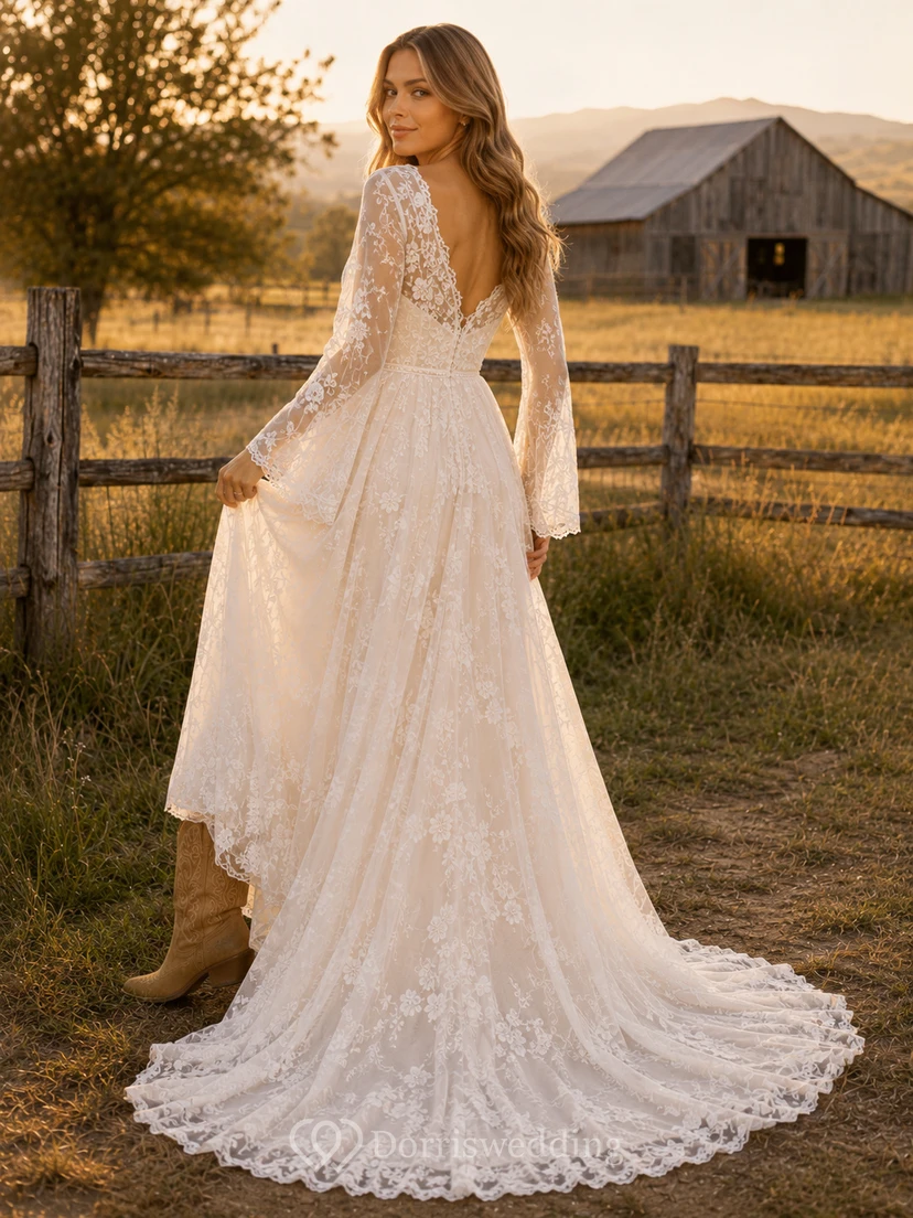 Vestido de novia de tul y encaje campestre, corte en A, hombros descubiertos, manga corta, cola de capilla, espalda baja en V. view 2