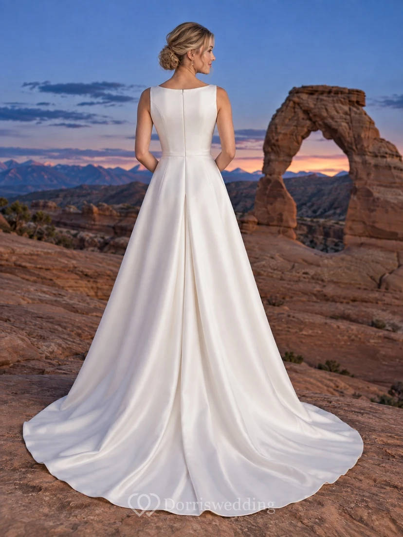 Simple A-Line Bateau Neck Sleeveless Smooth Satin Broad Pleated Sweeping Wedding Dress view 2