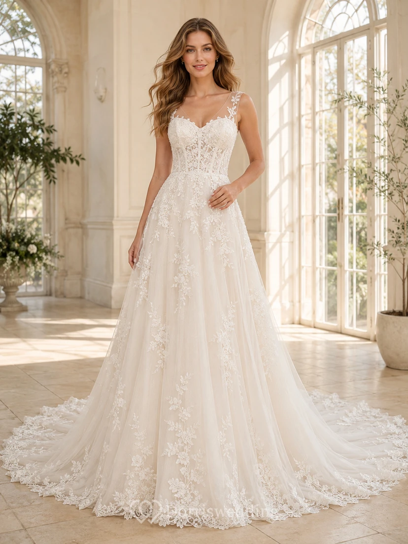 Robe de mariée romantique de luxe, coupe trapèze, en dentelle florale spaghetti et traîne cathédrale, style trapèze