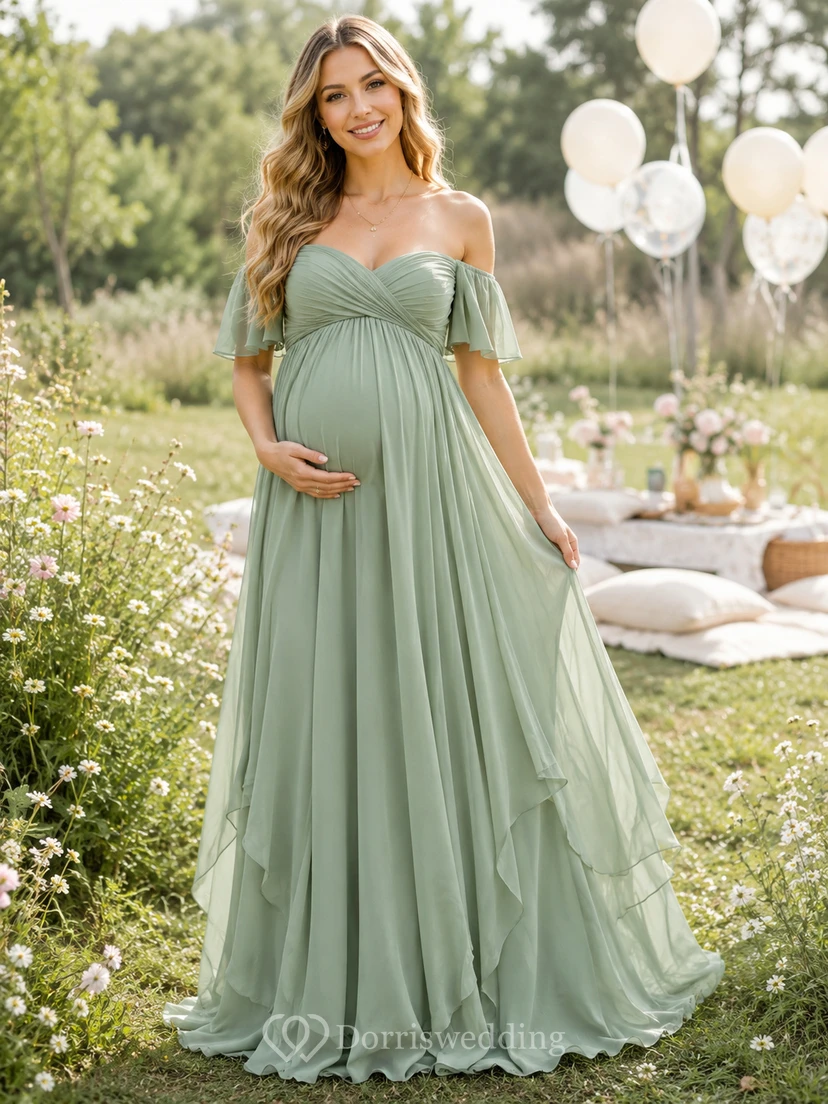Robe de maternité Sage, épaules dénudées, décolleté cœur, manches papillon, style empire, en mousseline, longue jusqu'au sol, idéale pour l'extérieur