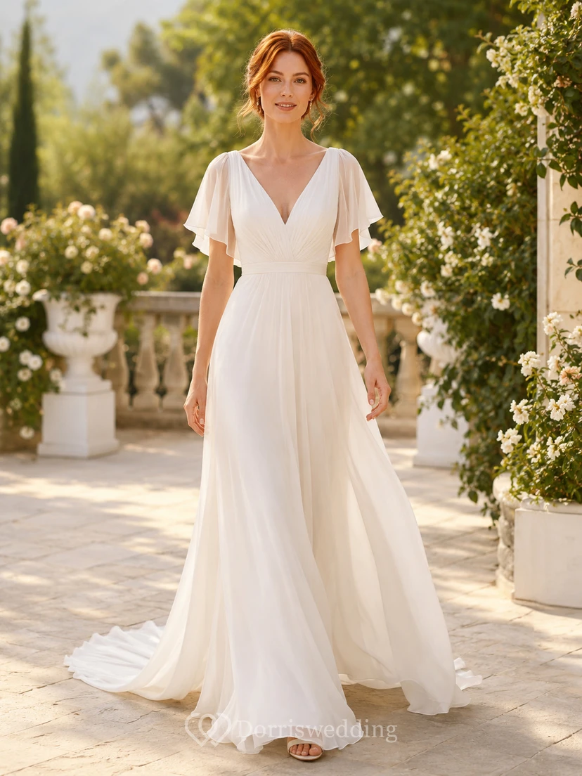 Vestido de novia de tul y gasa para la playa, corte en A, escote en V, mangas con volantes, largo hasta el suelo.
