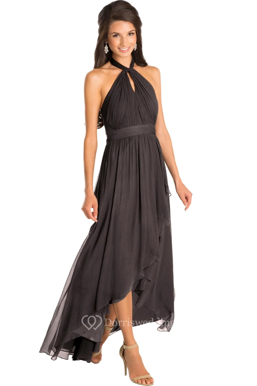 High-Low Ruched Halter Sleeveless Chiffon Muti-Color Bridesmaid Dress