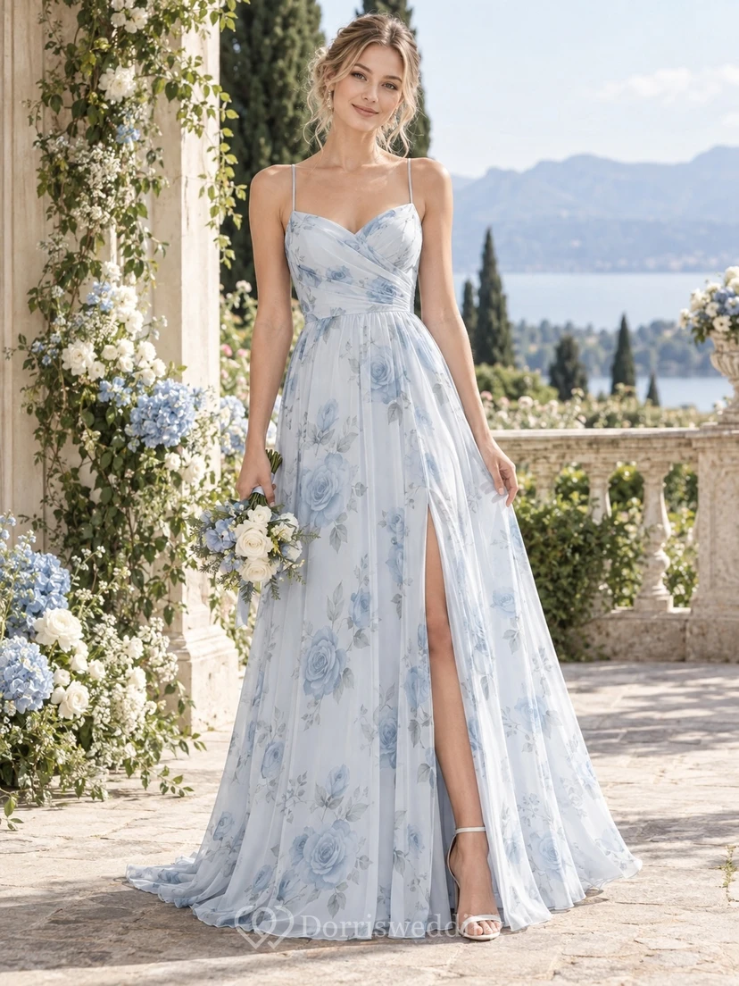 Sky Blue Rose Print Elegant Square-Neck Spaghetti Strap Side-Slit Floor-Length Chiffon Bridesmaid Dress view 2