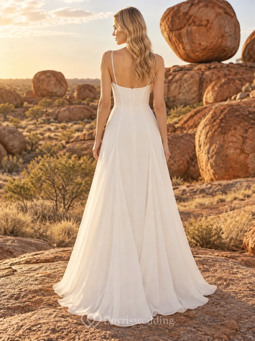 Einfaches, ärmelloses, fließendes A-Linien-Brautkleid in quadratischer Spaghettiträgerlänge, bodenlang view 2