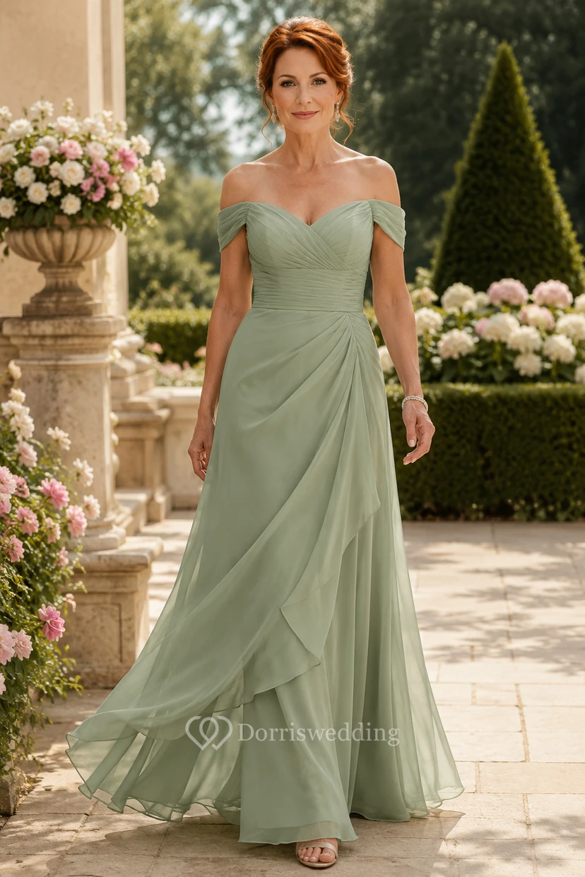 Salbeigrünes schulterfreies Chiffon-A-Linien-Kleid für Mütter