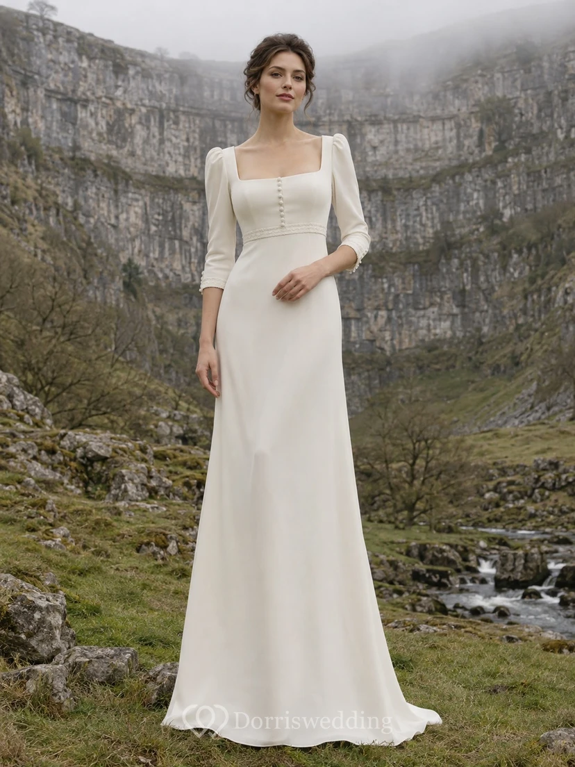Vestido de novia vintage modesto de manga tres cuartos, corte recto, escote cuadrado, largo hasta el suelo.