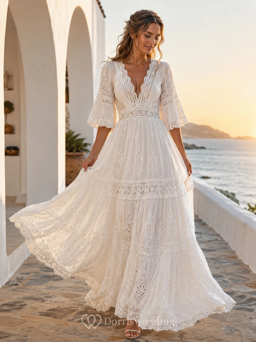 Vintage Ibicenco Cotton A Line V Neck Half Sleeve Tiered Wedding Dress