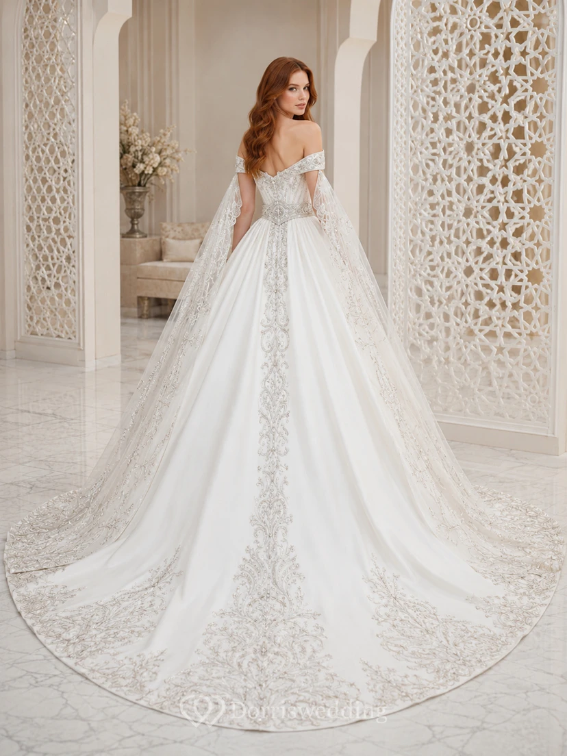 Robe de bal orientale de princesse, épaules dénudées, manches longues en dentelle, robe de mariée cathédrale view 2