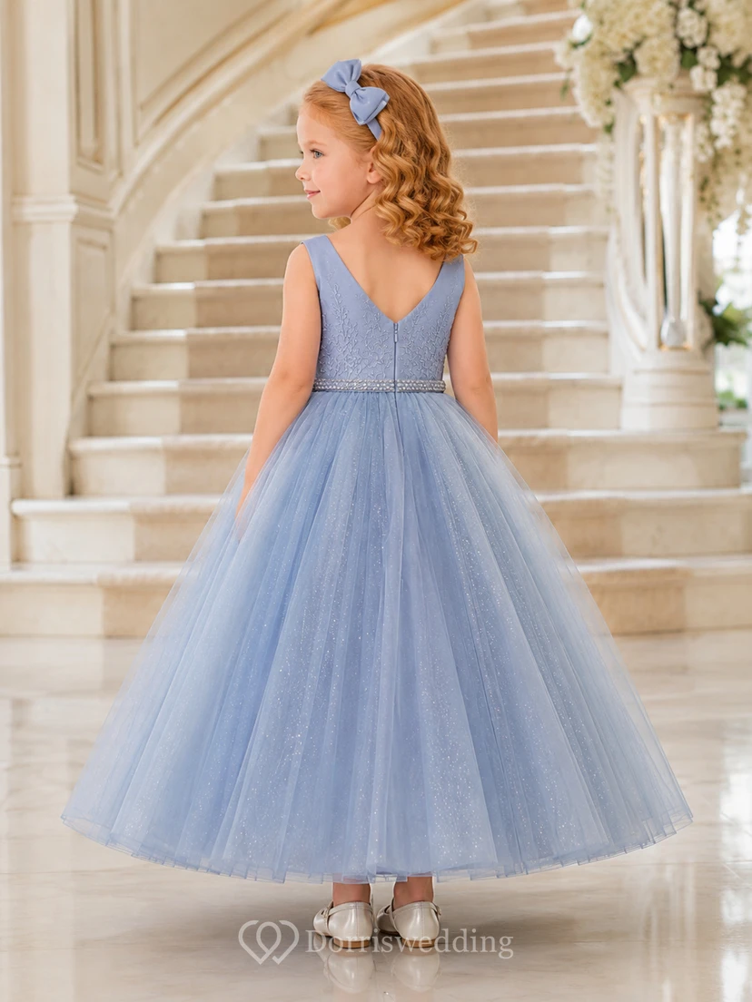 Steel Blue Formal Tulle Ball Gown Flower Girl Floor-Length Square Neck Luxury Dress view 2