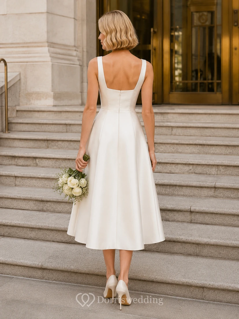 Elegante vestido de novia de satén de cuello cuadrado y largo hasta la rodilla estilo juzgado view 2