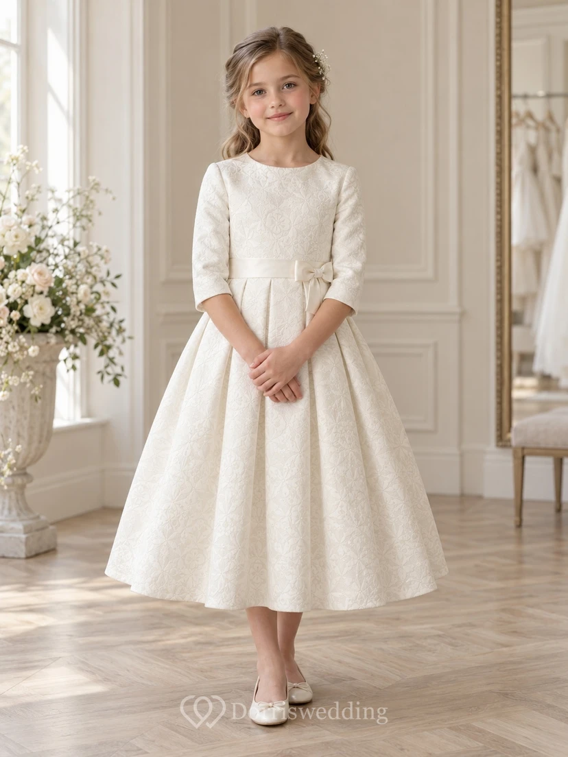 Tea-length Vintage Ivory A-line Floral Textured Three-quarter-sleeve Pleated Flower Girl Dress