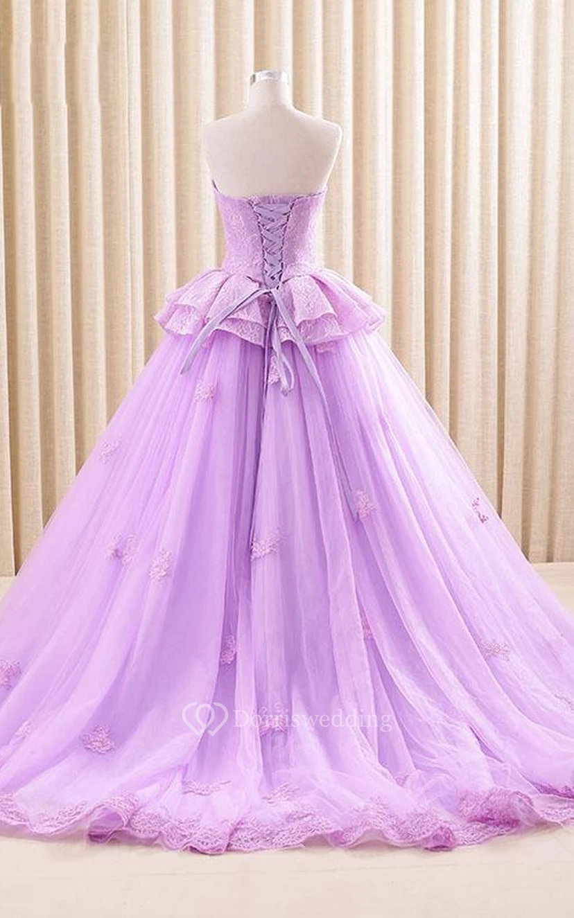 A-Line Maxi Sweetheart Sweep Train Zipper Corset Back Tulle Lace Satin Dress view 3