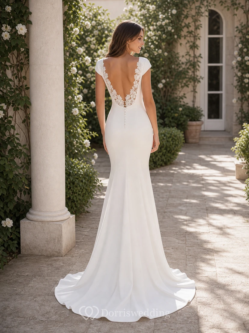 Robe de mariée sirène fourreau unie, col V simple et dos nu en dentelle. view 2