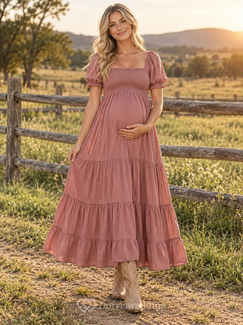 Robe de maternité champêtre à col carré et manches bouffantes à volants rose poudré